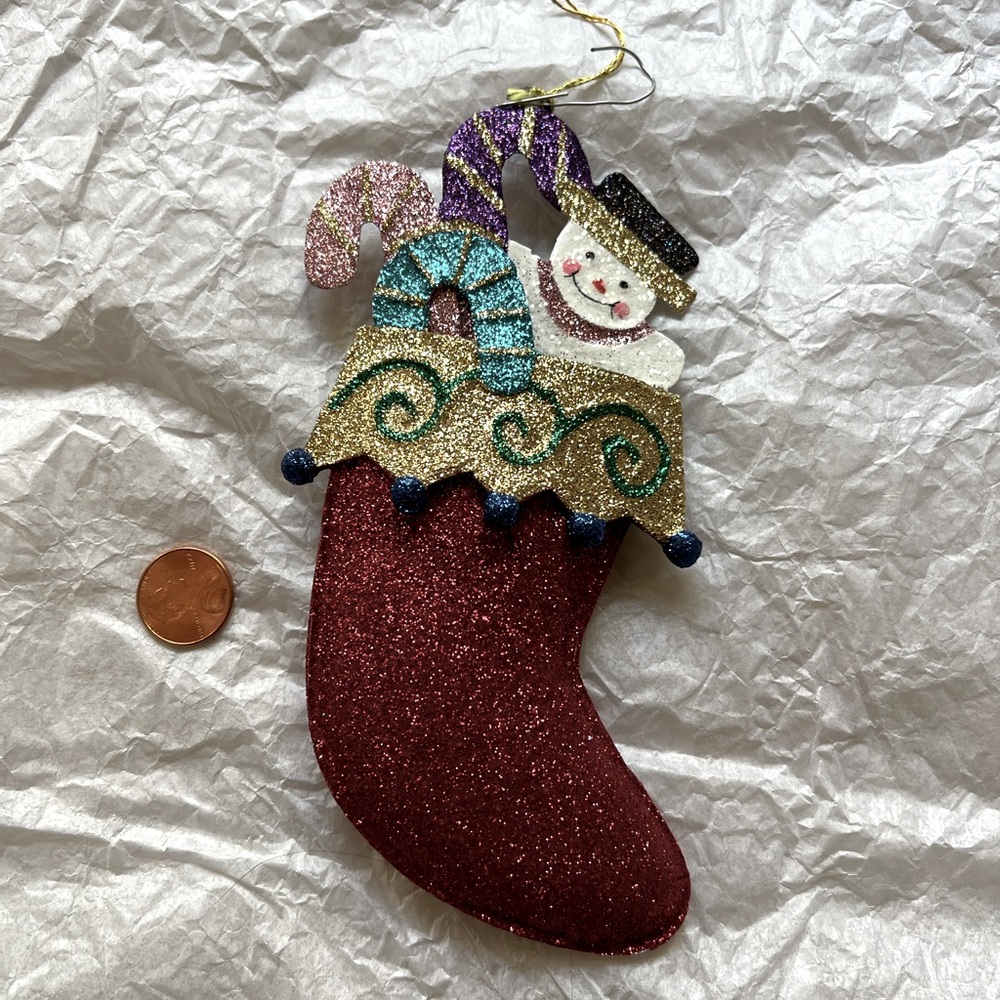 Vintage look Christmas Tree Ornament Metal Glittered Stocking Candy Cane Snowman